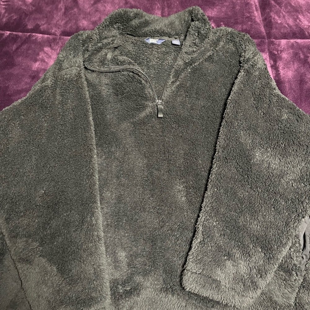Lands' End Black Plush 1/4 Zip Sherpa Pullover